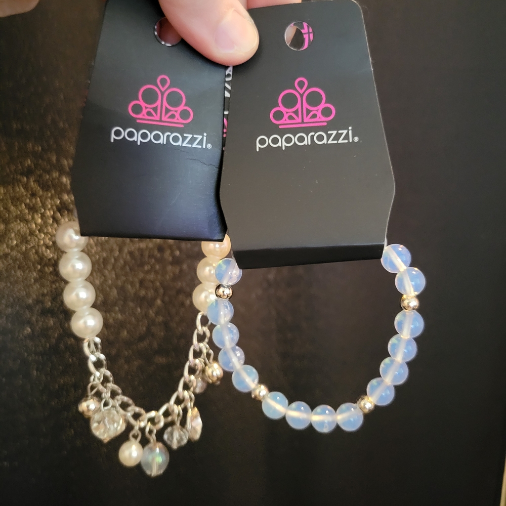 Paparazzi White Faux Pearl and Blue Opalescent Beaded Bracelet Set NIP